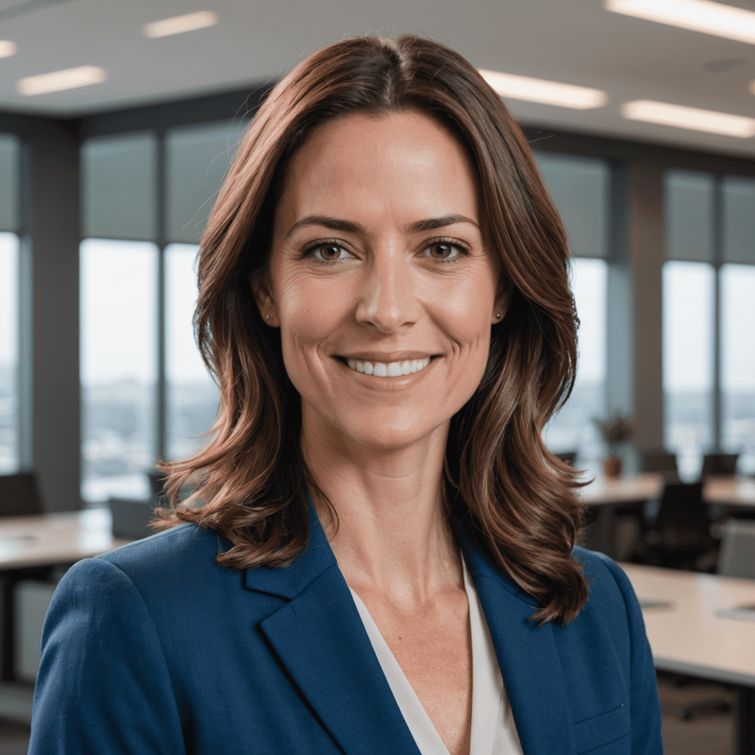 A professional headshot of Sarah Thompson, a woman in her mid-30s with shoulder-length brown hair and a confident smile, wearing a sleek blue blazer against a modern office background