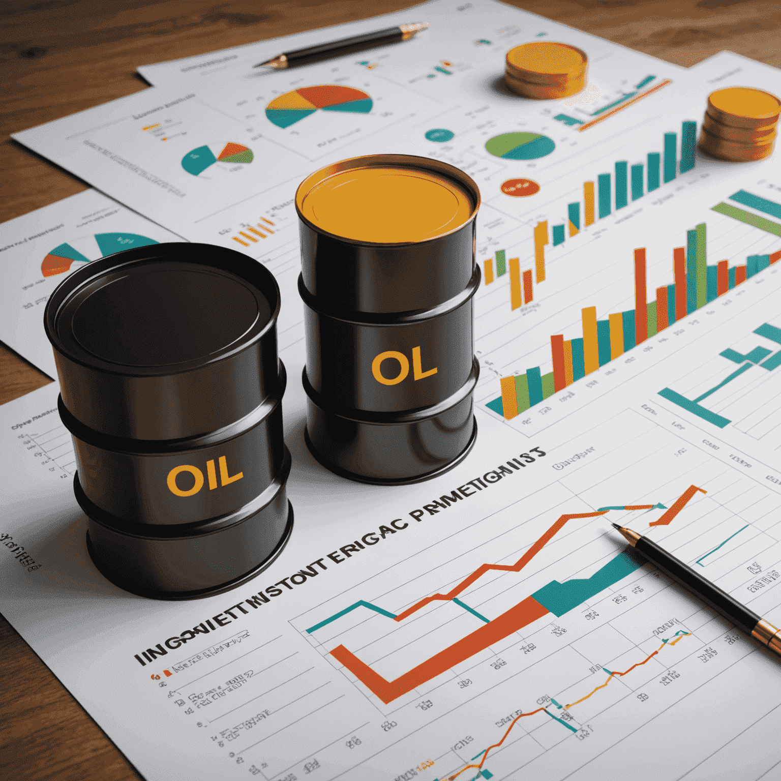 A diagram showing various aspects of oil investments including barrels, graphs, and currency symbols, representing the basics of oil investment.