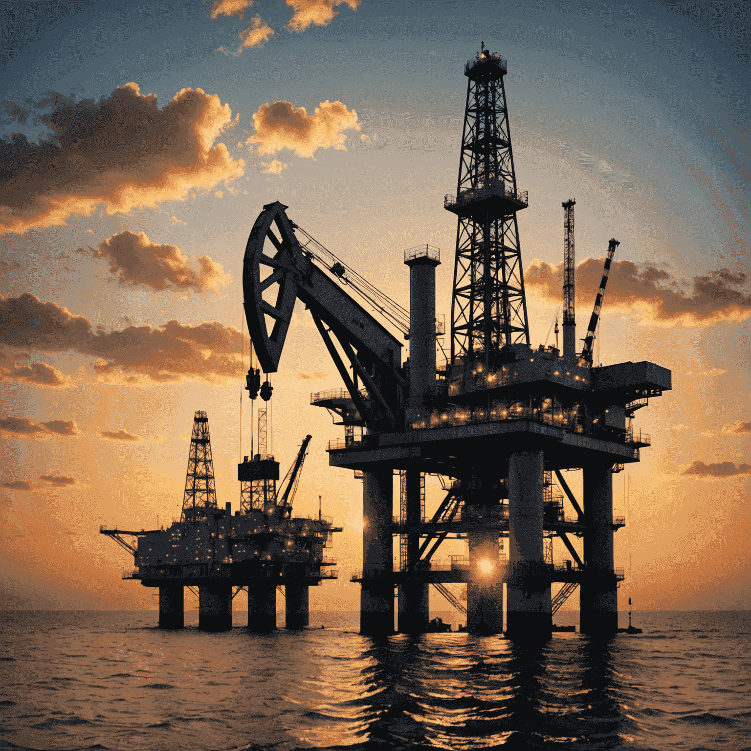 Oil rig at sunset with financial charts and risk management symbols overlaid