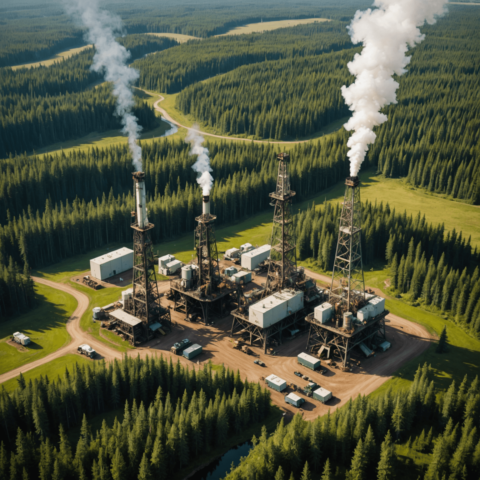 Aerial view of Canadian oil fields with modern extraction equipment, showcasing the vastness of the industry against a backdrop of lush forests