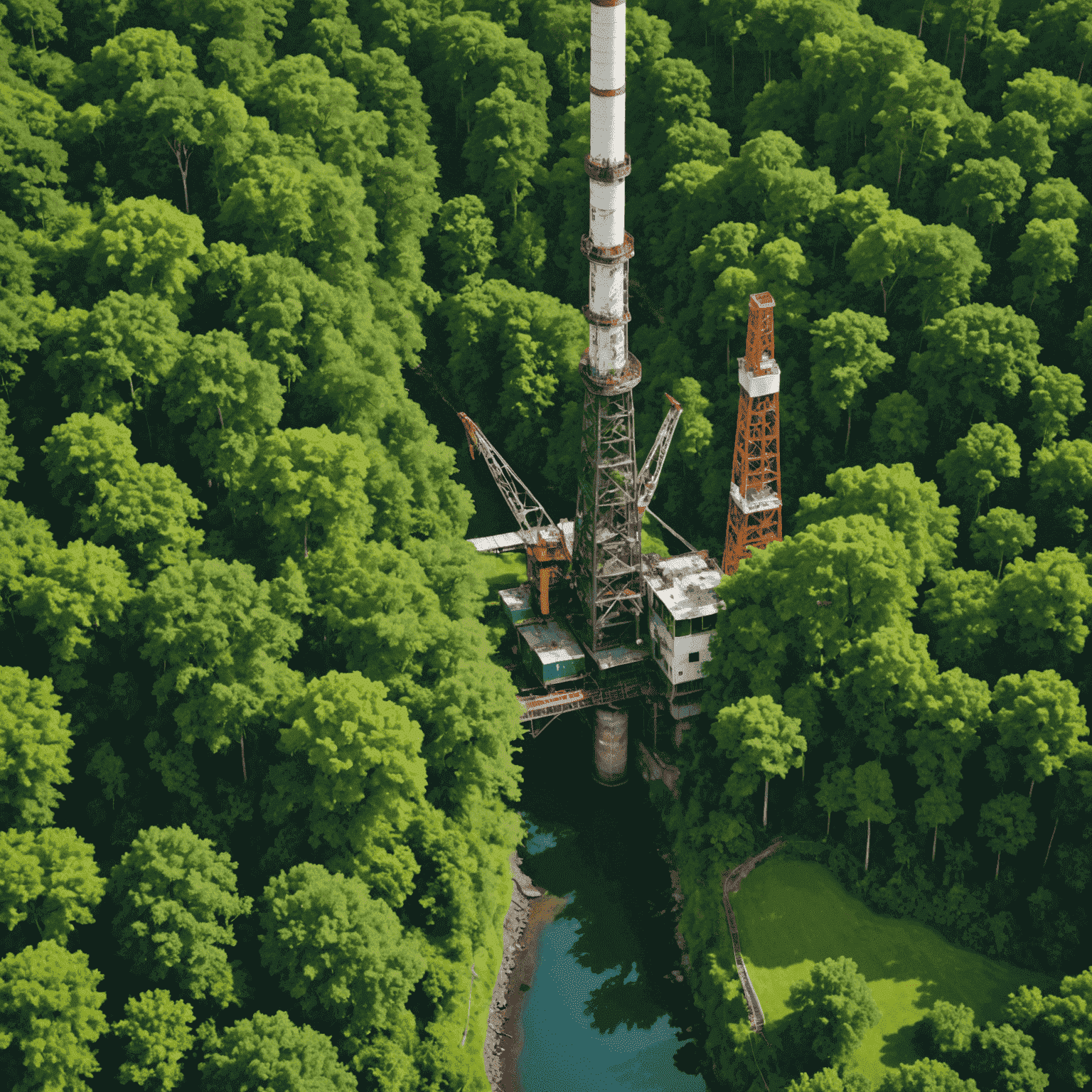 A split image showing an oil rig on one side and a lush green forest on the other, symbolizing the balance between oil industry and environmental sustainability