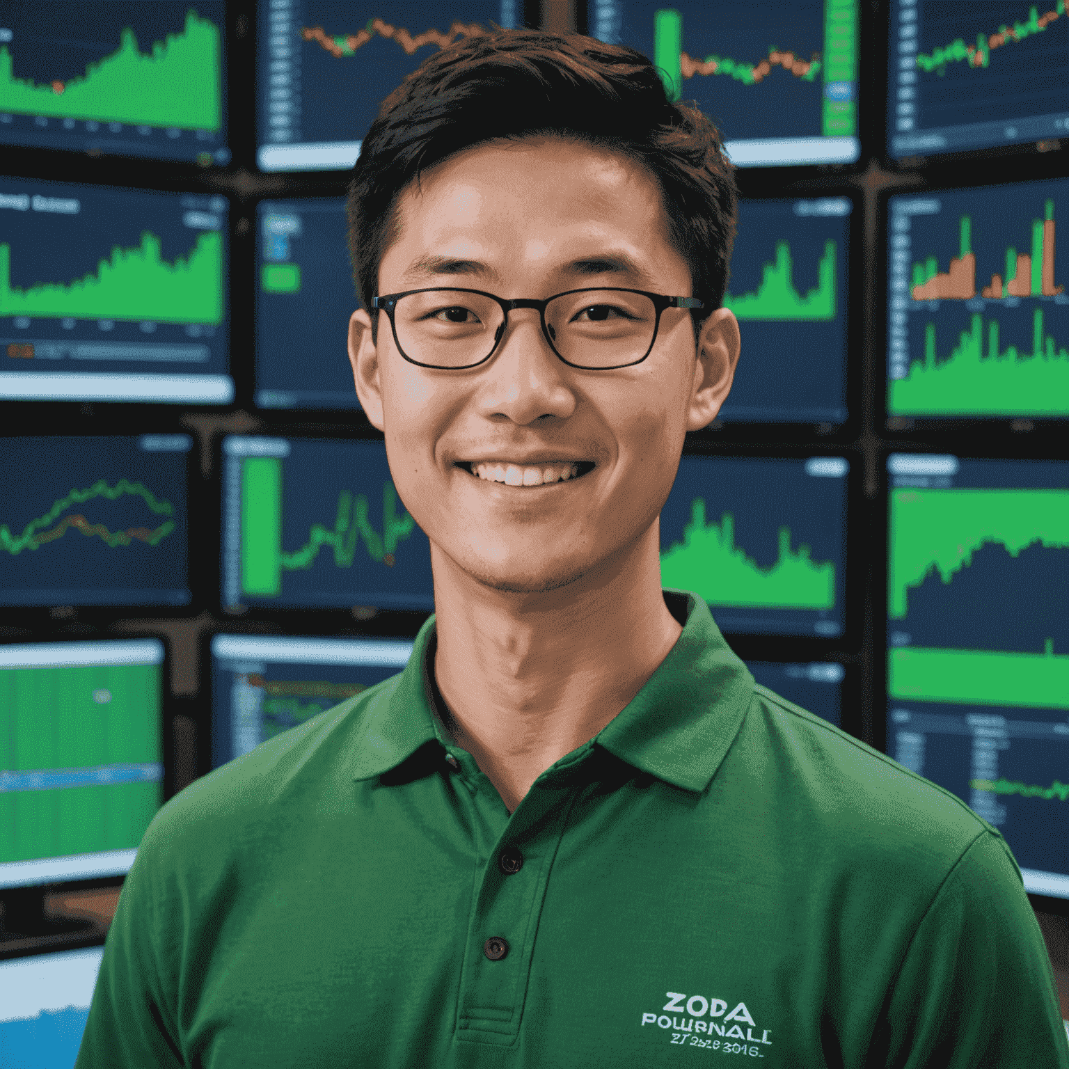 A professional headshot of Michael Chen, an Asian man in his late 20s with short black hair and glasses, wearing a green polo shirt, smiling warmly in front of a backdrop of computer screens displaying financial data