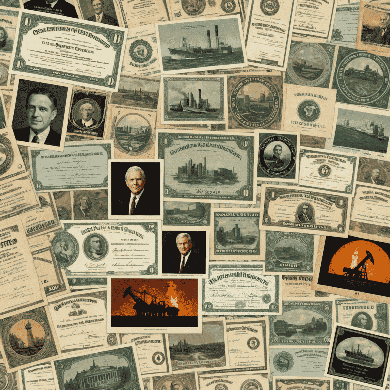 A collage of images representing different oil investment types, including stock certificates, ETF logos, and mutual fund prospectuses.