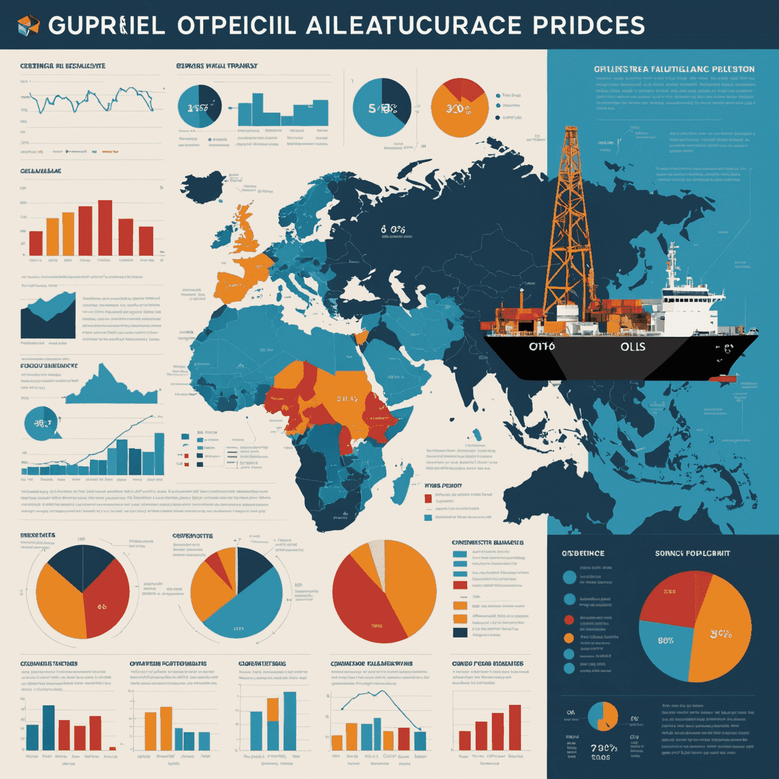 Infographic showing various factors affecting oil prices including geopolitical events, supply-demand balance, and currency fluctuations