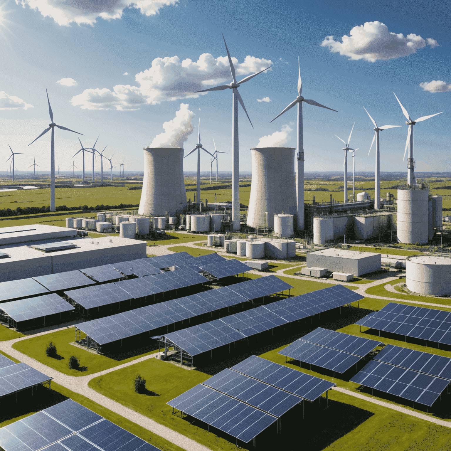 A modern oil refinery with solar panels and wind turbines in the foreground, showcasing the integration of renewable energy in oil production