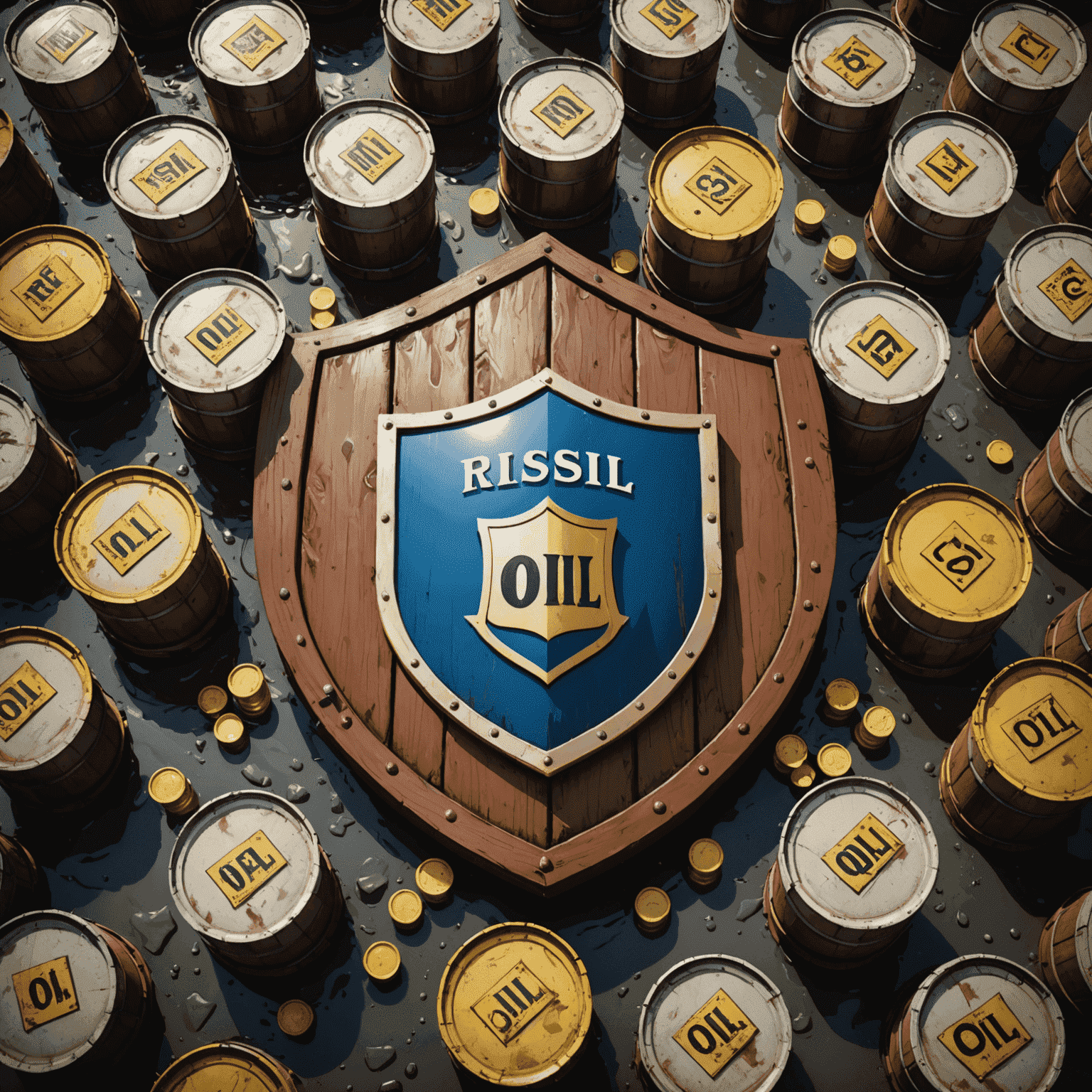 A visual representation of risk management in oil investments, showing a shield protecting oil barrels from various hazards, symbolizing protection strategies.